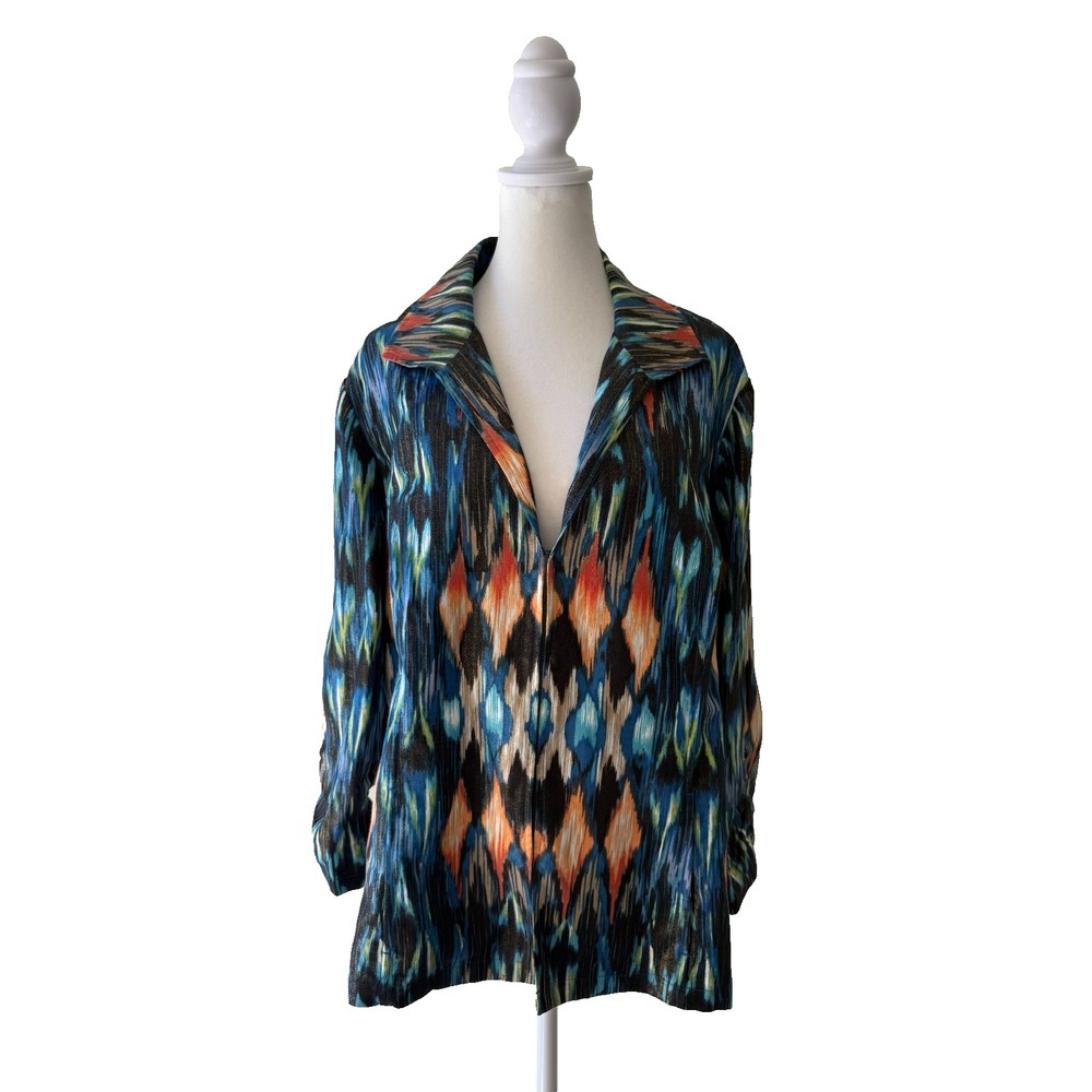 Chico's Ikat Diamond Shirt Women 3 L Blue Orange Linen Blend Metallic Artsy Boho